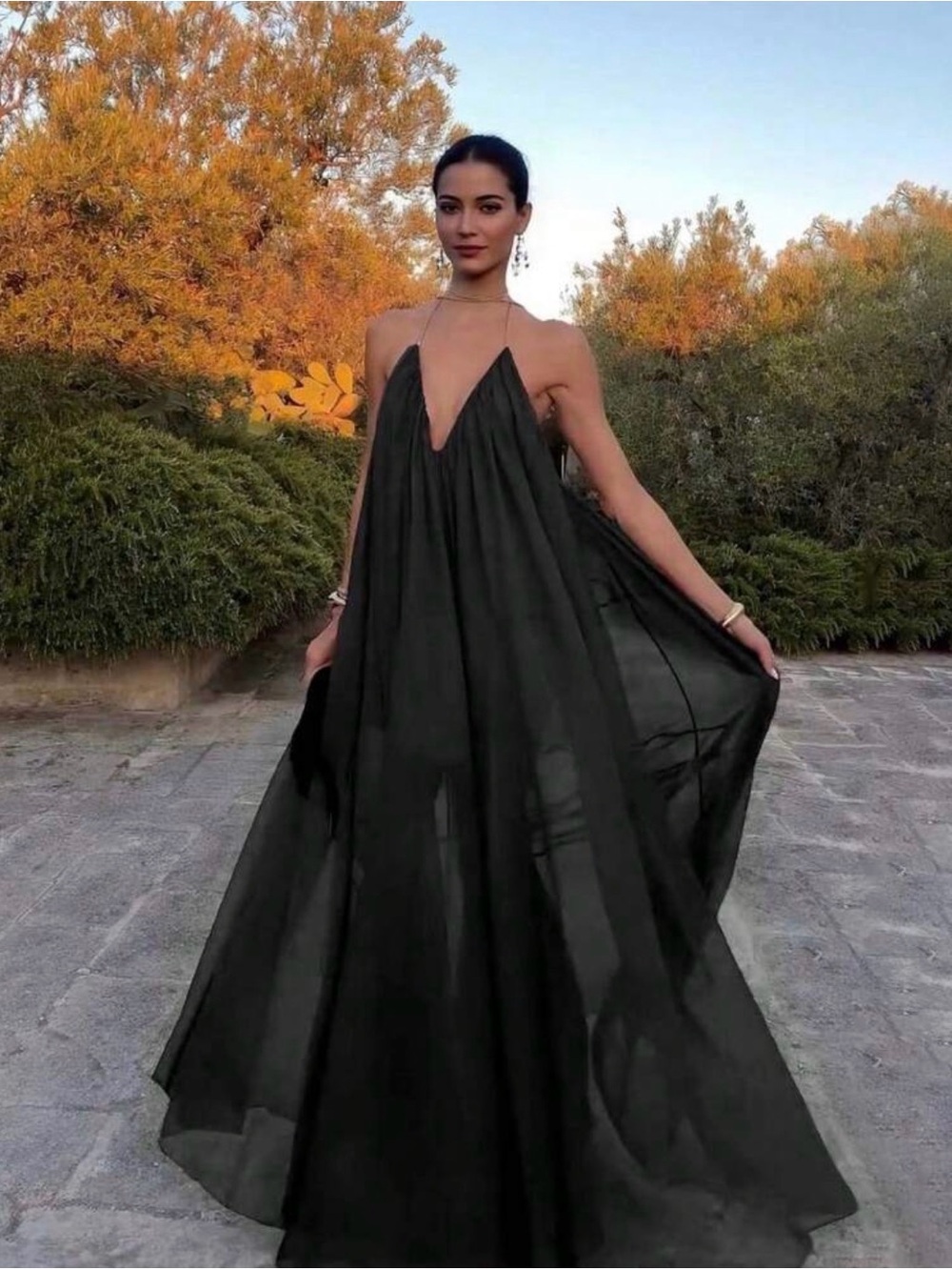 Elegant Black Chiffon Halter Deep V Open Back Flowy Maxi Dress – Size Small - Picture 4 of 4